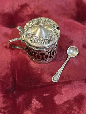 Antigua olla de mostaza de plata esterlina tarro de condimentos vidrio de arándano y cuchara 59,1 g Foto 1 de 4