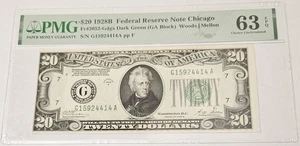 1928 B $20 Dollar Federal Reserve Note Chicago FR#2052-G Dark Green PMG 63 EPQ - Picture 1 of 6