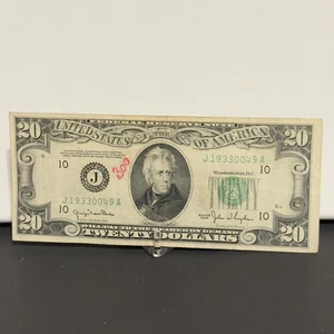 1950 Series Twenty Dollar $20 Federal Reserve Note Kansas City J - Picture 1 of 2