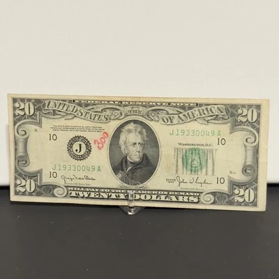 1950 Series Twenty Dollar $20 Federal Reserve Note Kansas City J - Image 1 of 2