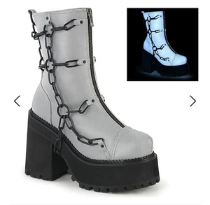 Demonia Assault-66 Combat Gray Reflective Gothic Punk Platform Boots with Chains - Picture 1 of 11