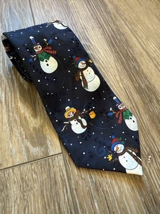 Hallmark Yule Tie Greetings Mens Christmas Necktie Snowman Blue & Blk L56 xW3.75 - Picture 1 of 8