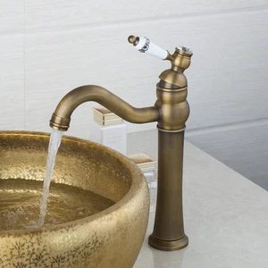 Grifo fregadero de baño montado en cubierta mango de cerámica grifos mezcladores de latón antiguos - Imagen 1 de 11