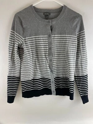 Suéter Eddie Bauer, Para Mujer Talla Mediana, Gris Blanco Negro, Rayas, Cárdigan, Foto 1 de 4