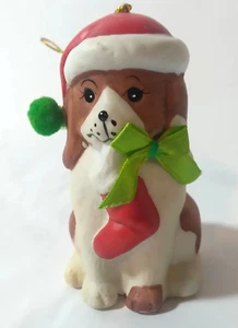 Vintage Christmas Dog 1980's Holly Bells  Porcelain Bell Ornament - Picture 1 of 11