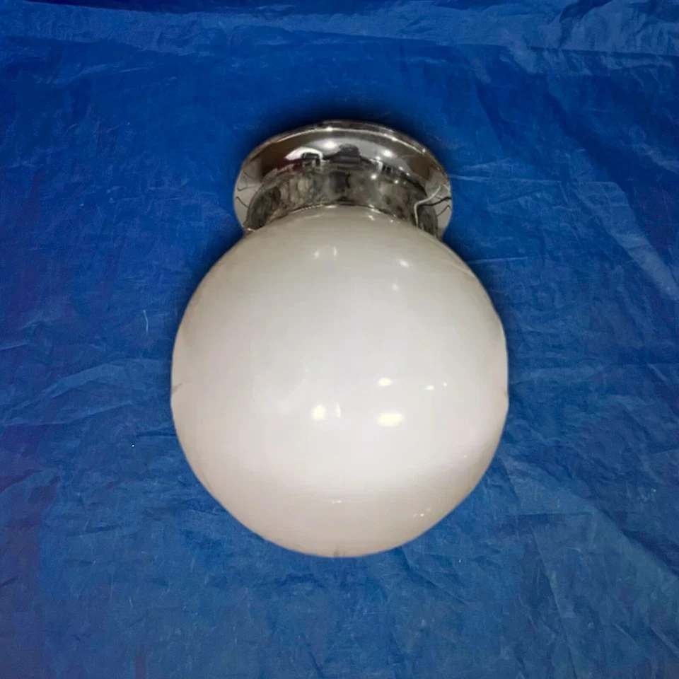 Chrome Flush Mount Fixture With Antique Glass Globe Vintage Porch Closet 11E - Image 1 of 4