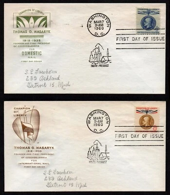 USA, SCOTT # 1147-1148, SET 2 HF HOUSE OF FARNAM FDC COVERS THOMAS MASARYK 1960 - Image 1 of 3