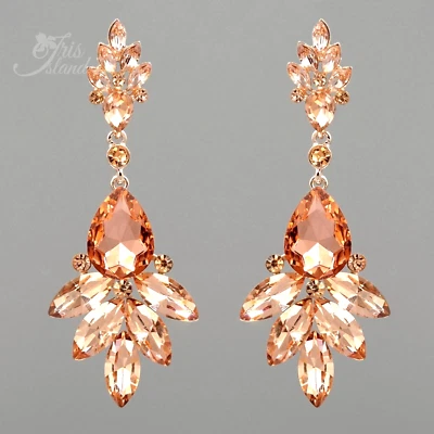 Drop Dangle Earrings Peach Crystal Rhinestone ROSE GOLD Plated Weddings Prom 778 - Image 1 of 4