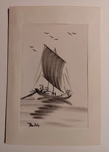 Ink on Silk Original Drawing By Vietnamese Artist BeKy, signed 1960s vintage - Picture 1 of 1