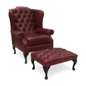 Chesterfield High Back Wing Chair & Footstool Presented In Vintage Red Leather - Picture 1 of 11