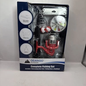 GEARIGO TELESKOP ANGELSET RUTE VERLÄNGERT AUF 54" ROT ROLLE ANGLER WERKZEUG - Bild 1 von 4