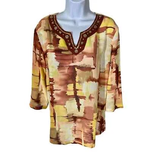 Top para mujer Alfred Dunner multitono marrón adornado manga 3/4 talla 14 - Imagen 1 de 4