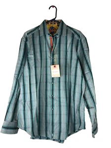 Camisa ROBERT GRAHAM Para Hombres L Barbados Estampada Nueva con Etiquetas Puño Abatible Rayas Algodón Seda Borde - Imagen 1 de 10