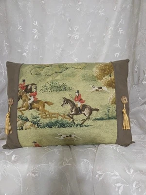 Tally Ho Equestrian Tapestry Pillow 12x16 Fox Hunting Scene Ultra Suede Sides - Image 1 of 2