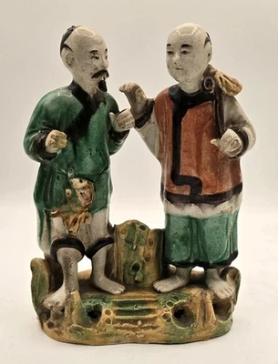 Antigua estatuilla doble antigua de Mudmen chino de colección de edad desconocida se vende como está Foto 1 de 4