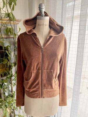 Винтажный Y2K бархата куртка с капюшоном шоколадный коричневый стразы блестящий 90-х большой - Изображение 1 из 4