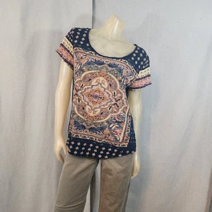 Lucky Brand Blue Brown Geo Print Scoop Neck Cap Sleeve Blouse Top T Shirt LARGE - Picture 1 of 7