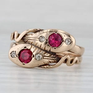 Vintage 0.70ctw Lab Created Ruby Diamond Bypass Snake Ring 10k Gold Size 10 - Picture 1 of 10