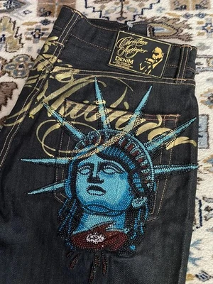 Jeans Y2k Estatua de la Libertad Diamante - Mujer Vintage Cintura Alta Pierna Ancha Foto 1 de 4