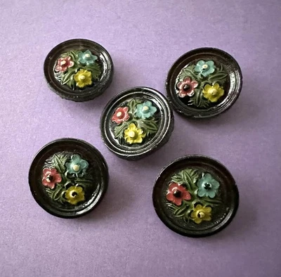 5 Unique Vintage Black Glass Buttons with Colorful, Dimensional Flowers - Image 1 of 2