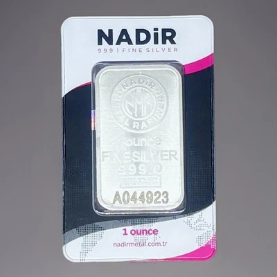 Barra de plata fina .999 de metal Nadir de 1 oz - en tarjeta de ensayo Foto 1 de 3
