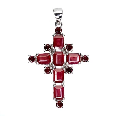 925 Sterling Silver Pendant Octagon Ruby 5x3mm Natural Gemstone Cross Jewelry - Image 1 of 4