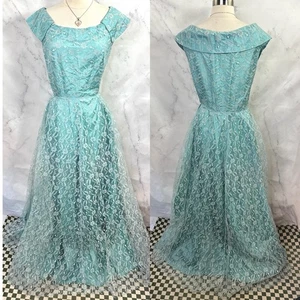 Vintage 50s Prom Formal Blue Taft Blue Lace Dress MCM Dress Metal Zip Mieder - Bild 1 von 24