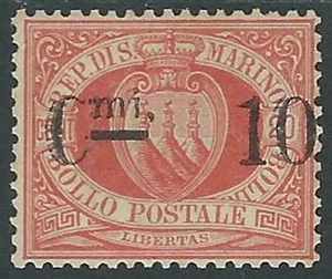 1892 SAN MARINO SOPRASTAMPATO STEMMA 10 SU 20 CENT VARIETà VIRGOLA MNH ** - X3 - Imagen 1 de 1