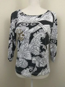 Chico's Damen Gr. 1 Schwarz Weiß Gold Perlen Bluse Top Pullover Shirt Baumwolle - Bild 1 von 10