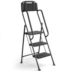 3 Step stool Ladder with Handrails 330 lbs folding Attachable Tool