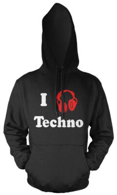Felpa con Cappuccio I Love Techno | Cuffie Hardstyle Musica Minimal Bass Electro - Immagine 1 di 4