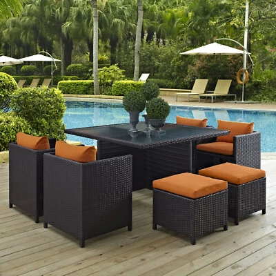 Modway Outdoor Patio Furniture Wicker Rattan 9PC Dining Set in Espresso Orange - Image 1 of 4