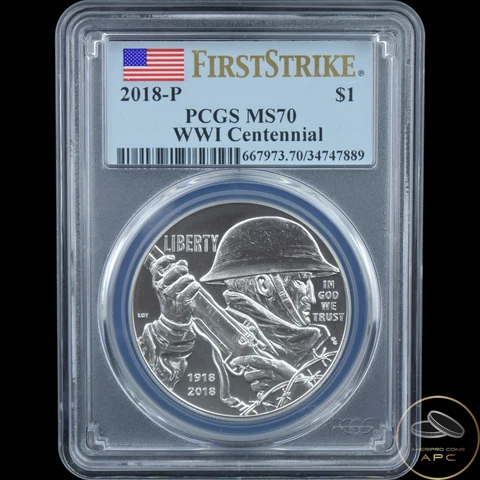 2018-P US World War I Commemorative BU Silver Dollar PCGS MS70 First Strike! Cover