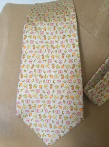 Salvatore Ferragamo Sand Color Silk Tie, Micro Pattern; Palm Tree, Fish, Clover - Picture 1 of 8