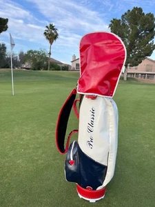 Bolso de golf vintage profesional clásico rojo, blanco y azul imitación cuero - raro + capucha para lluvia - Imagen 1 de 8