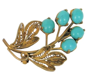 VINTAGE BEAUTIFUL STERLING SILVER BROOCH BLUE TURQUOISE FILIGREE FLOWER ORNATE - Picture 1 of 2
