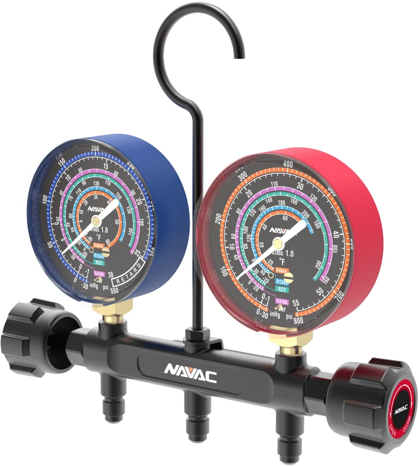 NAVAC NMG12A Pro Series Manifold Gauge, 3-1/8" O.D., R-454B/R-32/R-410A/R-22 - Image 1 of 1