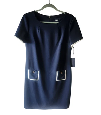 Tommy Hilfiger Shift Dress Navy White Trim Size 12 Sort Sleeve Business NEW Foto 1 de 4