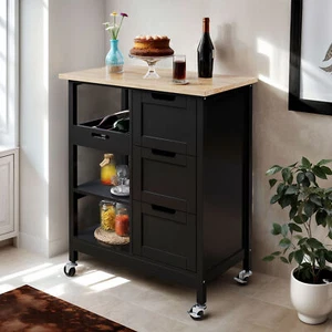 Kitchen Carts Wood Tabletop 3-Tier Drawer Trolley Dining Table Cabinet w/ Wheels - Picture 1 of 9