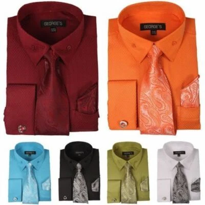Camisa de vestir de moda de alta calidad para hombre con corbata y pañuelo gemelos franceses 6 colores Foto 1 de 3