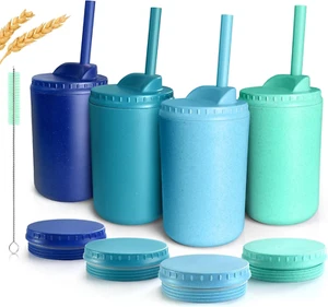 4 Pcs 10 Oz Wheat Straw Kids/Toddler Cups with Lid and Straws, Reusable Spill - Picture 1 of 12