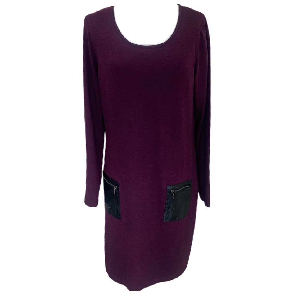 Vestido Neiman Marcus tejido púrpura con detalles de bolsillo de cuero sintético en la parte delantera talla L Foto 1 de 4