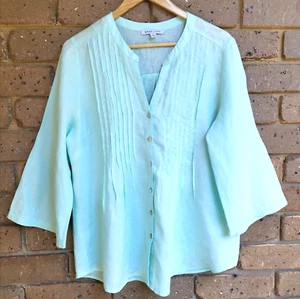 GRAE LINEN Women's Seafoam Green 100% Linen 3/4 Sleeve Button Shirt Top Size 10 - Picture 1 of 11