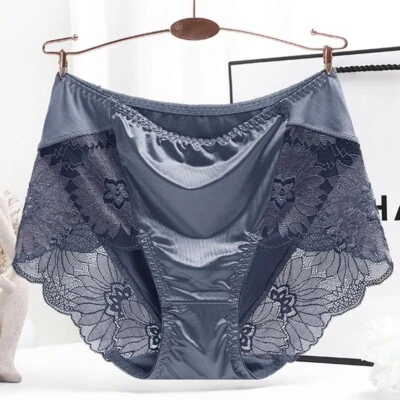 Ladies Faxu Silk Brief Satin Lace Panties High Waist Knickers Floral Oversized - Image 1 of 4