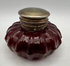 Vintage Melon Shape Ruby Red Inkwell Desk Ink Pen Pot Well With Brass Cap
