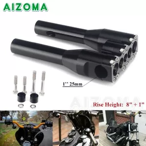 Black 8'' Handlebar Riser For Harley Sportster Dyna Softail Street bob 1'' Bar - Photo 1/12