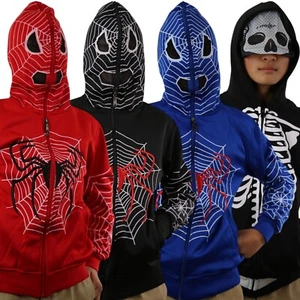 Kids Zip-Up Hoodie Fun Costume Jacket - Black Blue Red Spider Web / Skeleton - Picture 1 of 17