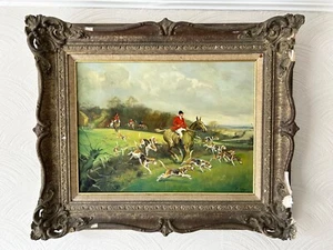 Antique Oil Painting Oil On Board Horses and Hounds Hunting Scene Countryside De - Picture 1 of 3