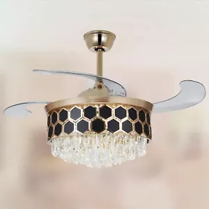 42" Gold LED Light Invisible Ceiling Fan Modern Crystal Chandelier Lamp w/Remote - Picture 1 of 11