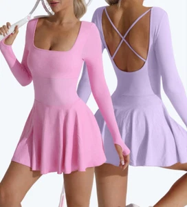 Women's 2-in-1 Tennis Dress Built in Shorts Long Sleeve Golf Athletic Dresses - Picture 1 of 42